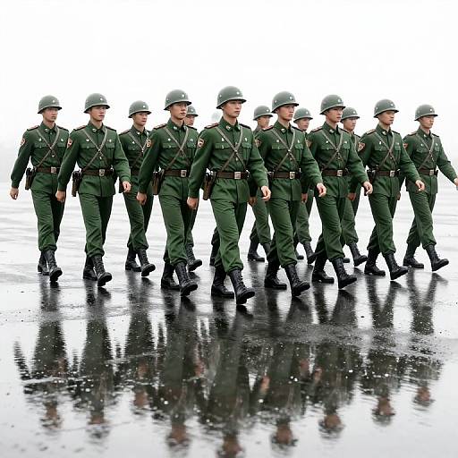 Photograph of eleven male soldiers in green uniforms and helmets, marching in unison on a wet, reflective surface against a white background.
