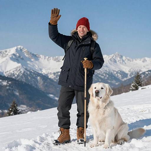 Man and Golden Retriever in Snowy Mountain Landscape