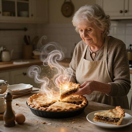 Photograph of an elderly woman with white hair, wearing a beige apron and brown sweater, slicing a burning pie in a cozy kitchen.