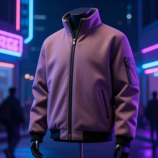 Photograph of a purple checkered zip-up jacket on a black mannequin in a neon-lit urban night scene.