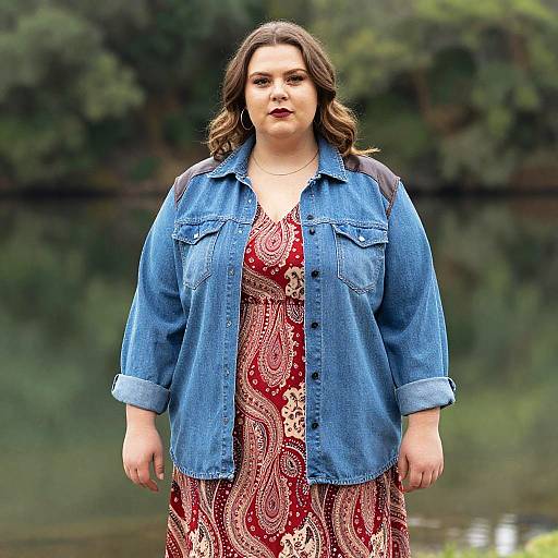 Photograph of a plus-sized woman with wavy brown hair, wearing a blue denim jacket over a red paisley dress, standing by a calm,