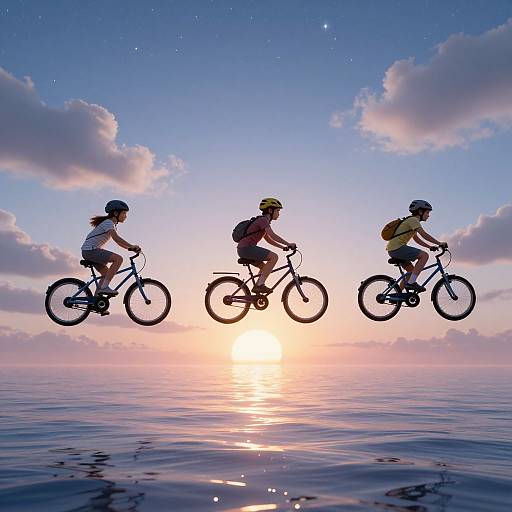Photograph of three children with bicycles silhouetted against a vibrant sunset over a calm ocean, wearing helmets and casual clothing.