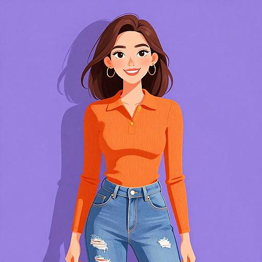 Digital illustration of a smiling woman with brown hair, wearing an orange ribbed shirt and blue distressed jeans, against a purple background.