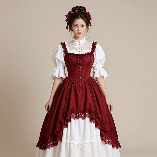 Photograph of an Asian woman with fair skin wearing a Victorian-style red corset dress over a white puffed-sleeve blouse, adorned with red