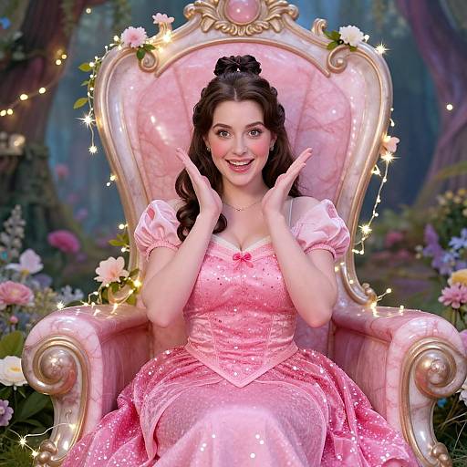 Photograph of a smiling young woman with dark hair in a pink, sequined ball gown, sitting on an ornate, pink, fairy-tale