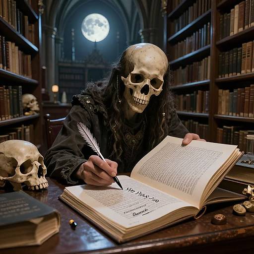 Photograph: Gothic library scene, skeletal figure with long black hair writing with a quill in an open book, moonlit background, two skulls on