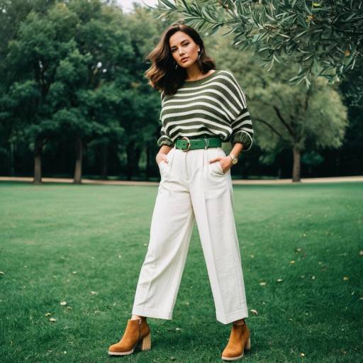 Woman in Striped Sweater and White Pants in Park
