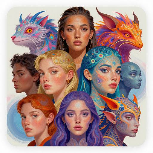 Digital painting of diverse, fantasy-inspired women with colorful, ethereal dragon heads, intricate facial tattoos, and vivid hair colors, forming a group portrait.
