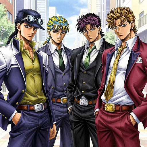 Digital anime drawing of five stylish men in suits with various colors (blue, black, green, yellow), standing in a cityscape.