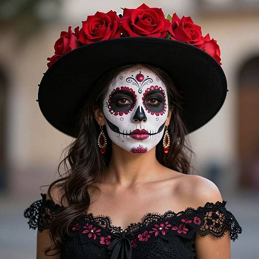 Photograph of a woman with white face paint, black floral lace dress, red roses on black hat, and intricate Day of the Dead makeup, standing