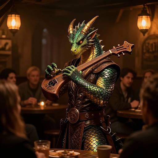 Photograph of a green, scale-covered dragon playing a violin in a dimly lit tavern with warm, glowing lanterns and blurred patrons.