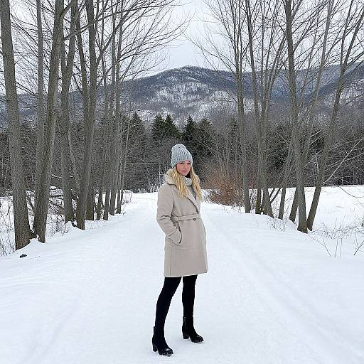 Photograph of a blonde woman in a beige coat, white knit hat, black pants, and boots, standing in a snowy forest with bare trees and