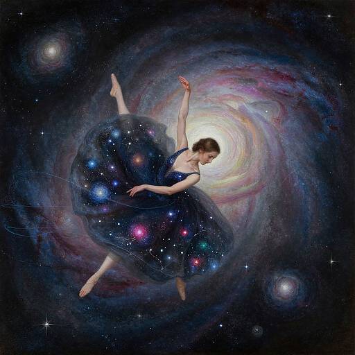 Digital artwork of a ballerina in a starry, galaxy-themed dress, floating gracefully in space with a spiral galaxy backdrop.