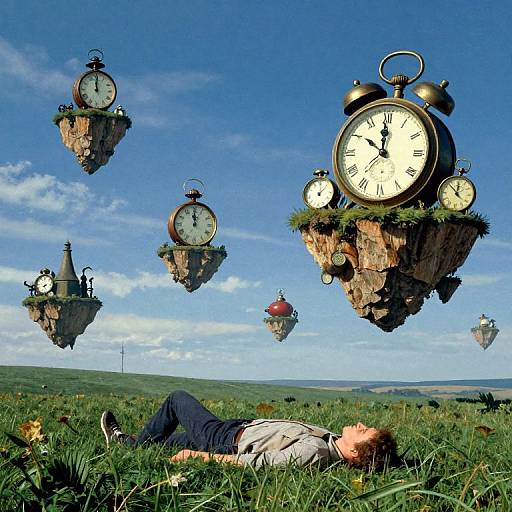 Photograph of a man lying in grass, surrounded by floating, clock-topped rock islands under a bright blue sky. Whimsical, surreal scene