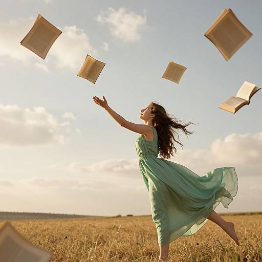 Photograph of a woman in a flowing green dress joyfully throwing open books into a sunny, cloud-dotted field of golden wheat.