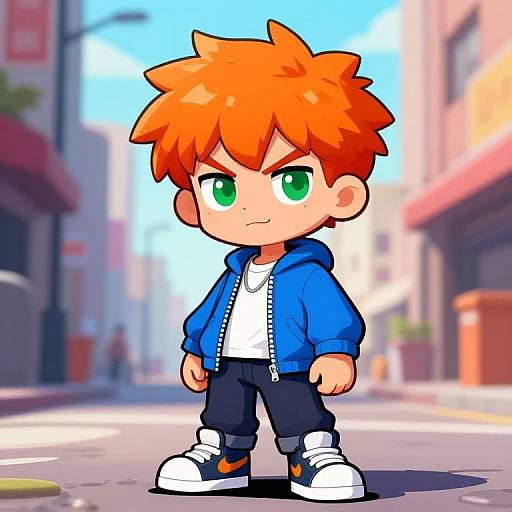 Chibi-style digital drawing of a determined, orange-haired boy with green eyes, wearing a blue hoodie, white shirt, black pants, and white sneakers