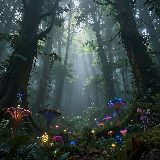 Digital artwork of a mystical forest with ethereal, glowing mushrooms in vibrant colors, illuminated by soft, misty sunlight filtering through tall trees.