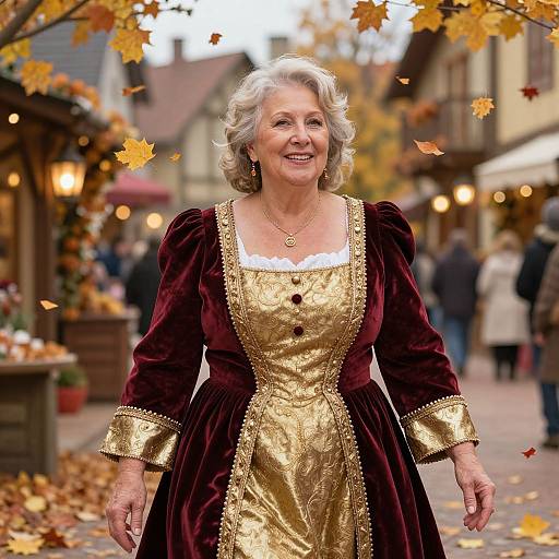 Photograph of a smiling elderly woman with short gray hair, wearing a gold and maroon Renaissance-style dress, standing in an autumnal, cobble