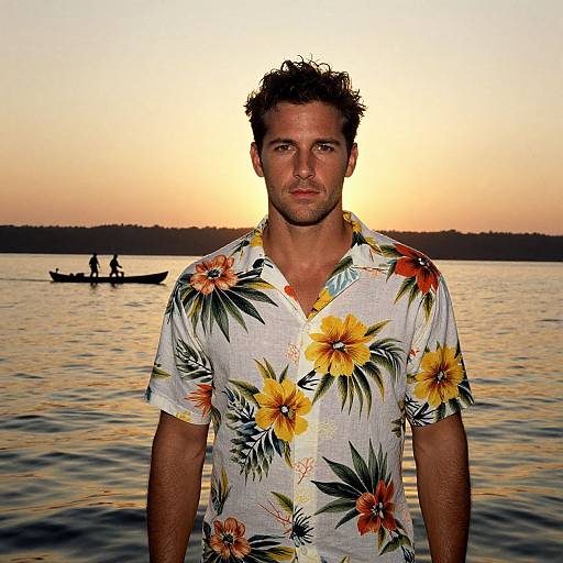 Photograph of a handsome, curly-haired man in a sunflower-print shirt standing on a calm lake at sunset, with a canoe and two figures in