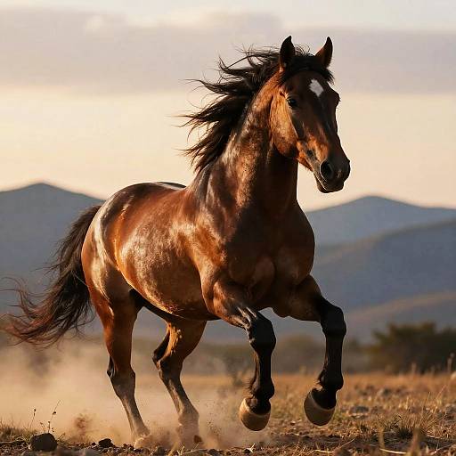 Photograph of a powerful, brown horse with a black mane and tail galloping through a dusty, mountainous landscape at sunset.