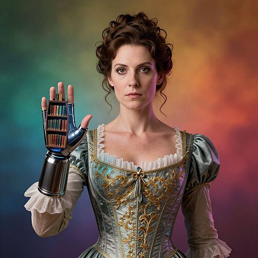 Digital portrait of a pale-skinned woman with curly brown hair, wearing a blue, gold-embroidered corset and metallic robotic hand, against