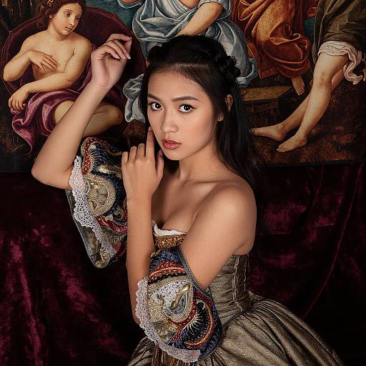 Photograph of an Asian woman in a Renaissance-style dress with ornate sleeves, set against a classical painting background featuring nude figures.