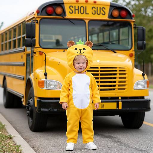 Photograph of a smiling toddler in a yellow, bear-themed costume standing in front of a bright yellow school bus.