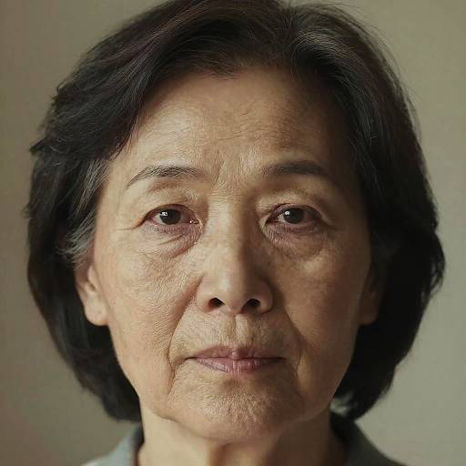 Close-up photograph of an elderly Asian woman with short black hair, fair skin, slight wrinkles, and a neutral expression, against a plain gray background.