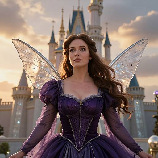 Photograph of a brunette woman with long hair, wearing a purple fairy dress and translucent wings, standing in front of a castle at sunset.