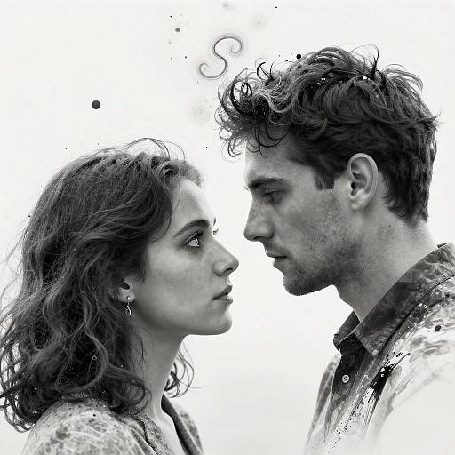 Black-and-white photograph of a young couple in profile, facing each other closely, with textured, splattered background; woman has wavy hair, man