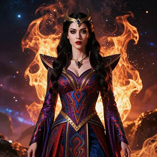 Woman in Elaborate Dormammu Costume with Fiery Cosmic Background