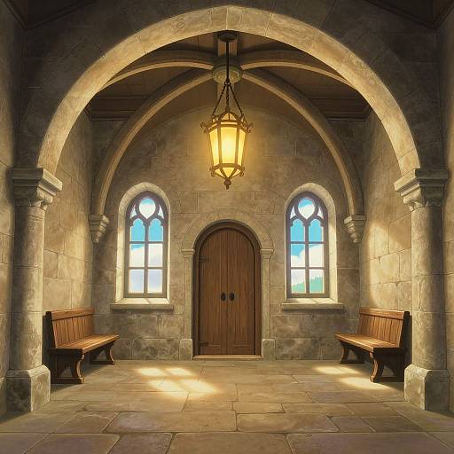 Photograph of a medieval stone archway room with wooden benches, arched windows, a central wooden door, and a hanging lantern.