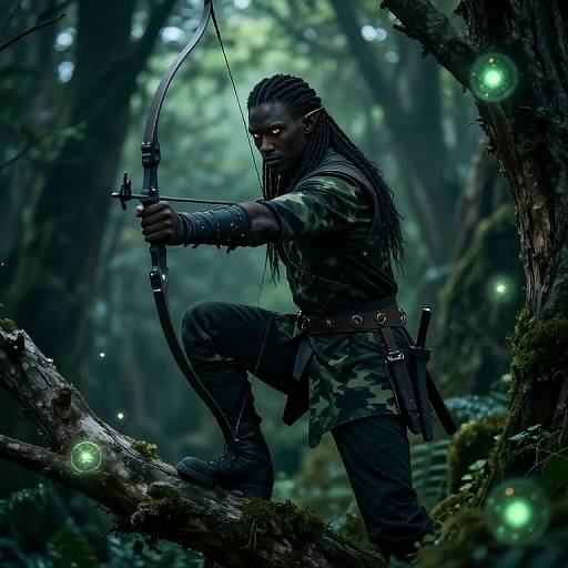 Dark elf archer with dreadlocks, camo outfit, and bow, aiming in a mystical forest illuminated by glowing green orbs. Digital art.