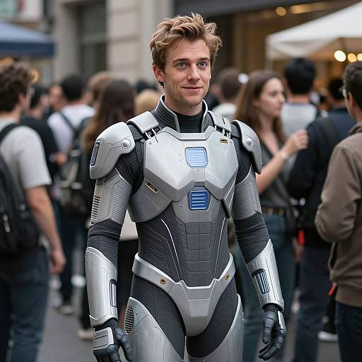 Photograph of a handsome, young man with light brown hair in a futuristic, silver and black armored suit, standing in a busy urban street. Bl