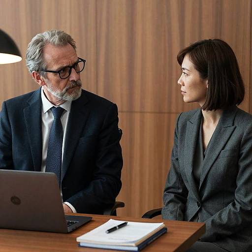 Photograph of a serious gray-bearded man in a suit with glasses and a laptop, discussing with a brown-haired woman in a gray suit, in