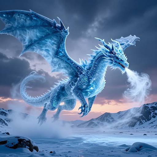 Digital art of a glowing blue, ice-encrusted dragon soaring over a snowy landscape at sunset, with mist and mountain peaks in the background.