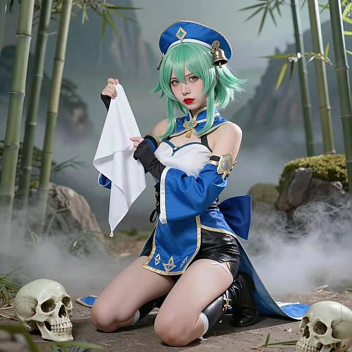 Green-Haired Anime Girl in Misty Bamboo