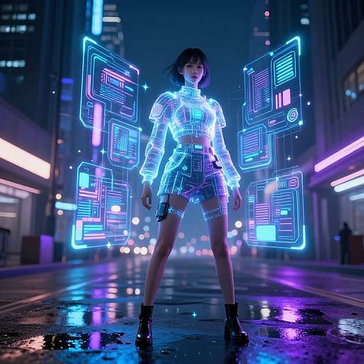 Neon-lit cyberpunk scene: glowing blue holographic wings surround a woman in a luminous, semi-transparent crop top and shorts, standing on