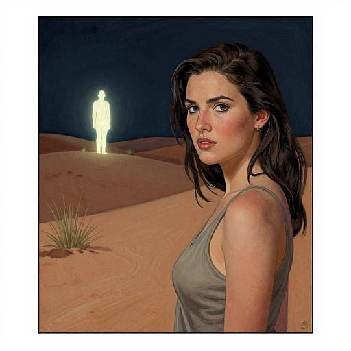 Digital art: Dark-haired woman in gray tank top stands in desert at night, looking over shoulder. Glowing figure stands in distance.