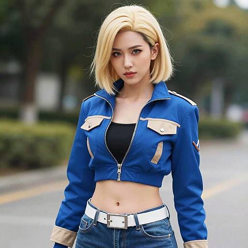 Photograph of an Asian woman with blonde bob haircut, wearing a blue cropped jacket, black top, and blue jeans with a white belt, standing on