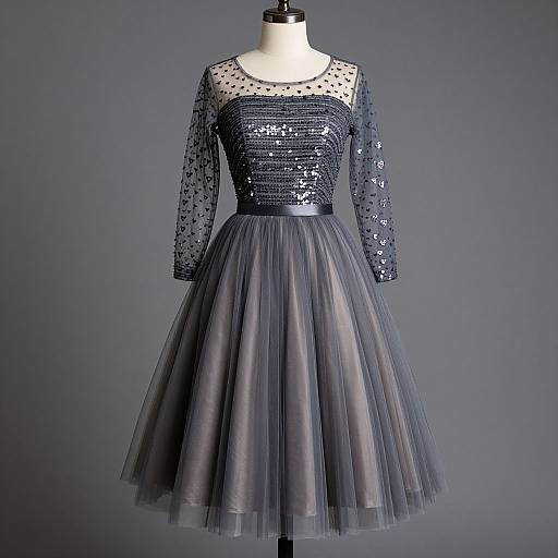 Photograph of a elegant, blue, long-sleeve, sequined dress with sheer star-patterned sleeves and a flowing, tulle skirt,