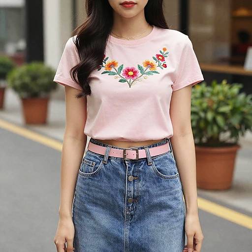 Photograph of a woman with long dark hair wearing a pink floral crop top, high-waisted blue denim skirt, and pink belt, standing on
