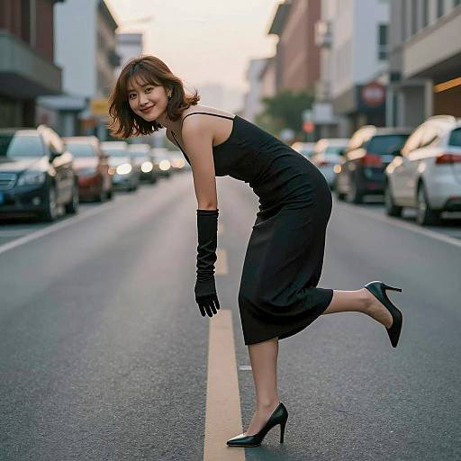 Smiling woman in black dress posing on urban street