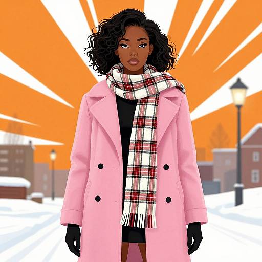 Digital illustration of a dark-skinned woman with curly hair, wearing a pink coat, black dress, and red plaid scarf, standing in a snowy