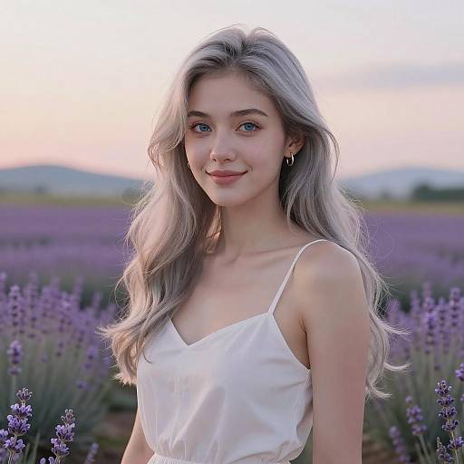 Photograph of a young woman with long, wavy silver hair, blue eyes, wearing a white spaghetti-strap dress, standing in a lavender field