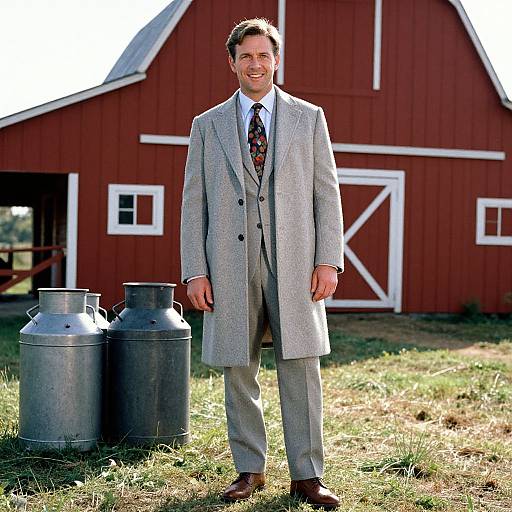 Photograph of a smiling man in a grey three-piece suit and colorful tie, standing in front of red barn, with two metal milk cans on grass