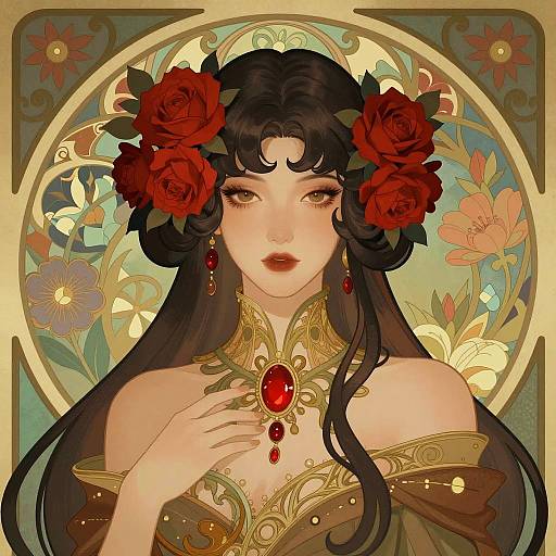 Fantasy Woman with Red Roses and Ornate Jewelry