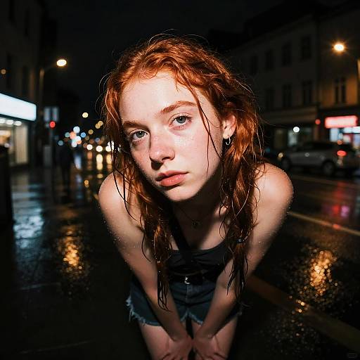 Photograph of a wet, red-haired young woman with pale skin and blue eyes, leaning forward on a rainy city street at night, illuminated by street