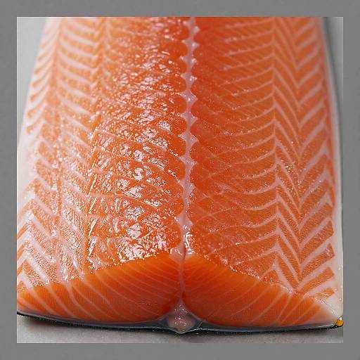 Close-up photograph of a raw, bright orange salmon fillet with visible white muscle lines and a glossy, wet texture.