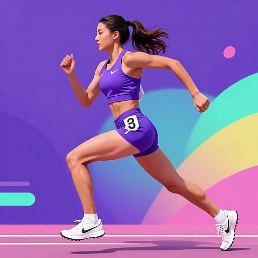 Photograph of a fit, brown-haired woman in a purple sports bra and shorts, running, with number 9, against a colorful, abstract background